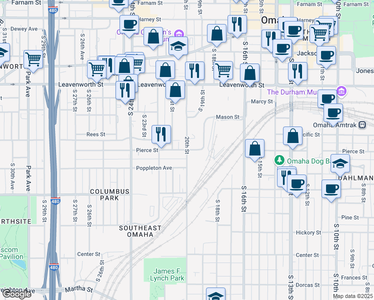 map of restaurants, bars, coffee shops, grocery stores, and more near S 20th St & Pierce St in Omaha