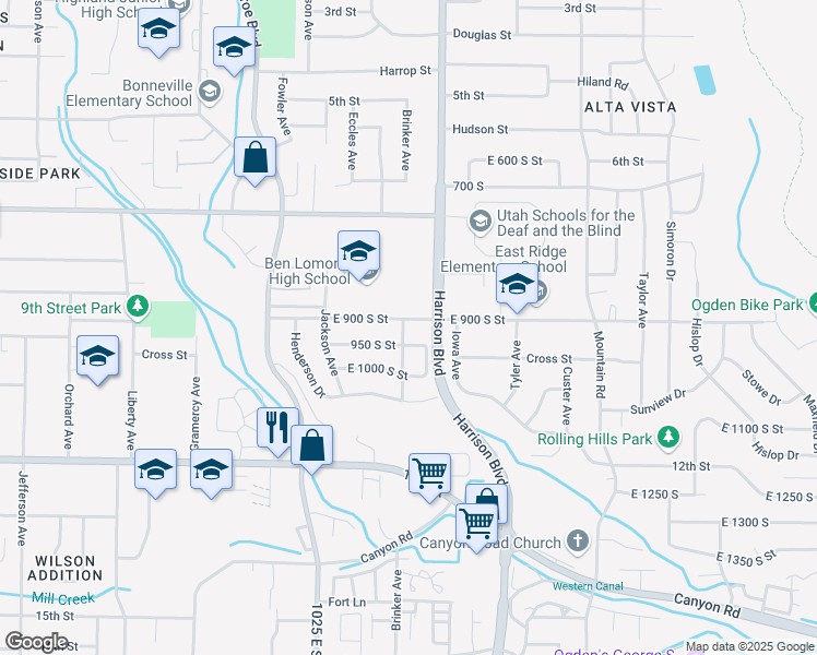 map of restaurants, bars, coffee shops, grocery stores, and more near 1105 9th Street in Ogden