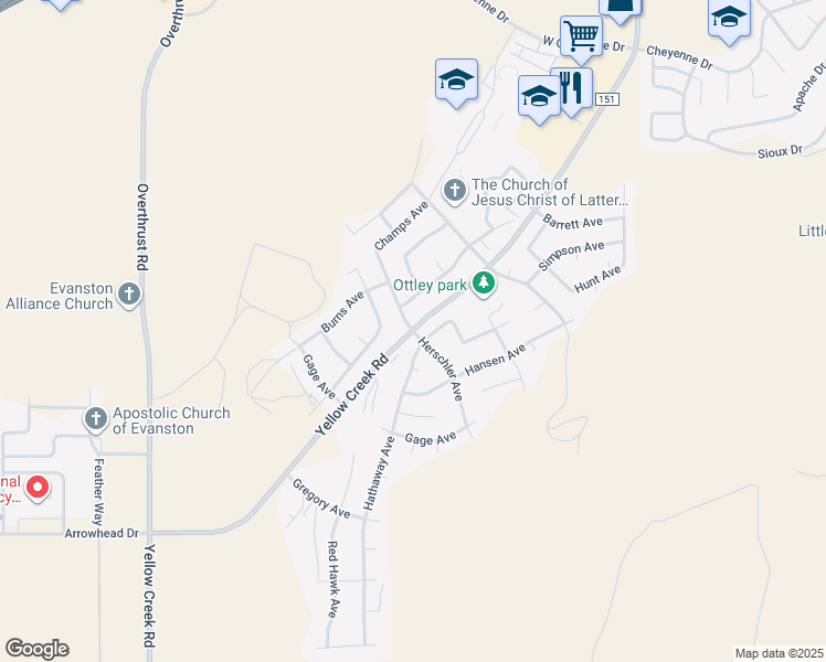 map of restaurants, bars, coffee shops, grocery stores, and more near 314 Yellow Creek Road in Evanston