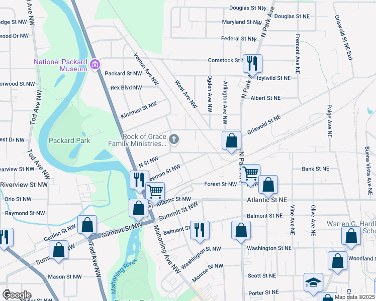 map of restaurants, bars, coffee shops, grocery stores, and more near 356 North Street Northwest in Warren