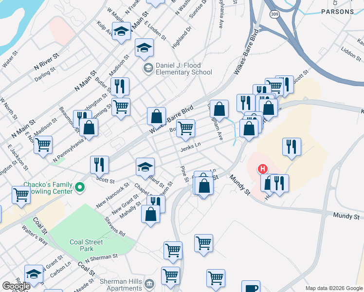 map of restaurants, bars, coffee shops, grocery stores, and more near 213-241 Kidder Street in Wilkes-Barre