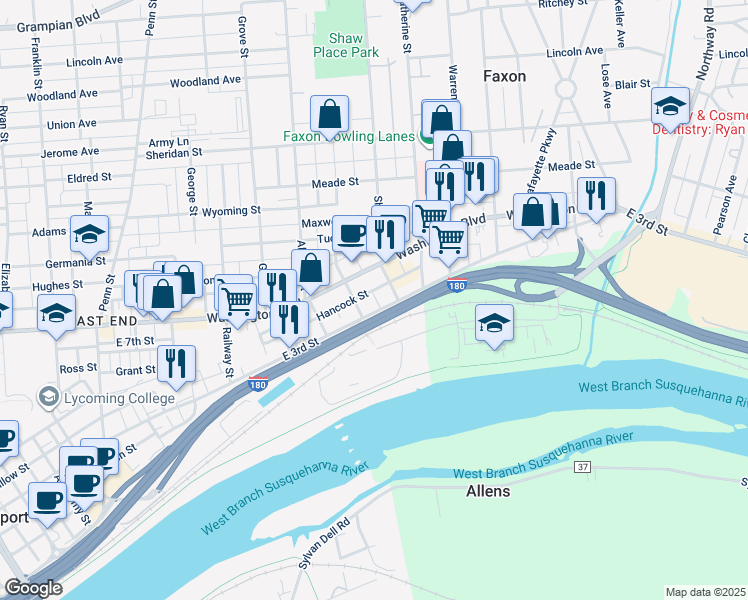 map of restaurants, bars, coffee shops, grocery stores, and more near 1029 East 3rd Street in Williamsport