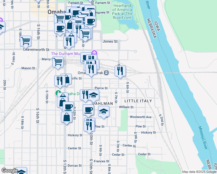 map of restaurants, bars, coffee shops, grocery stores, and more near 1131 South 8th Street in Omaha