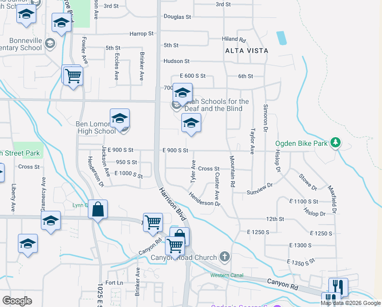 map of restaurants, bars, coffee shops, grocery stores, and more near 907 Tyler Avenue in Ogden