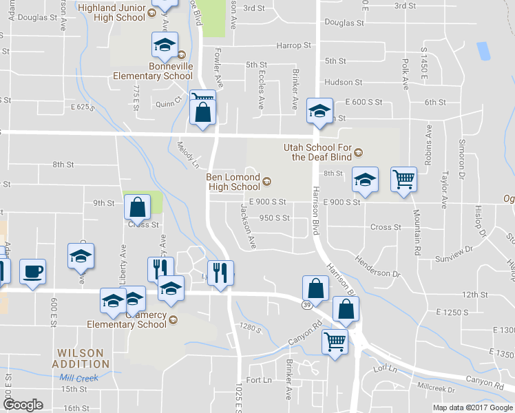 map of restaurants, bars, coffee shops, grocery stores, and more near 1027 9th Street in Ogden