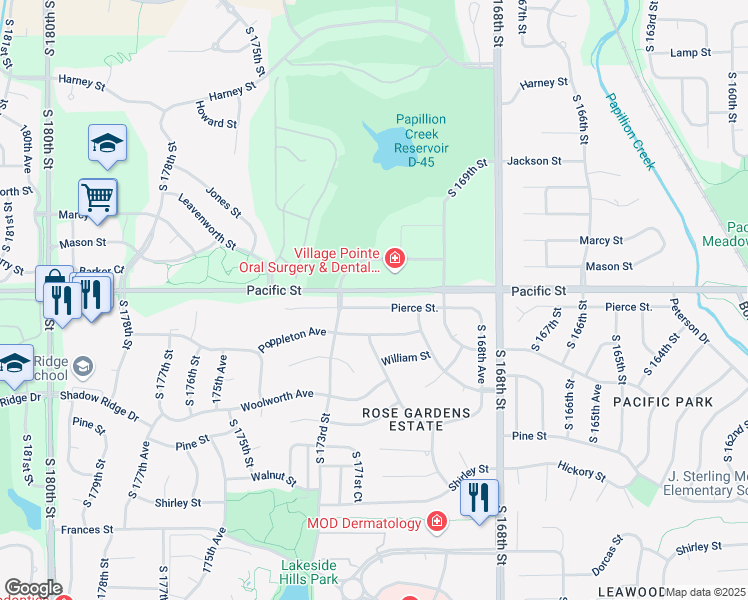 map of restaurants, bars, coffee shops, grocery stores, and more near 17214 Pierce Street in Omaha