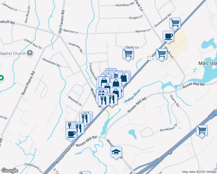 map of restaurants, bars, coffee shops, grocery stores, and more near 1650 Boston Post Road in Milford