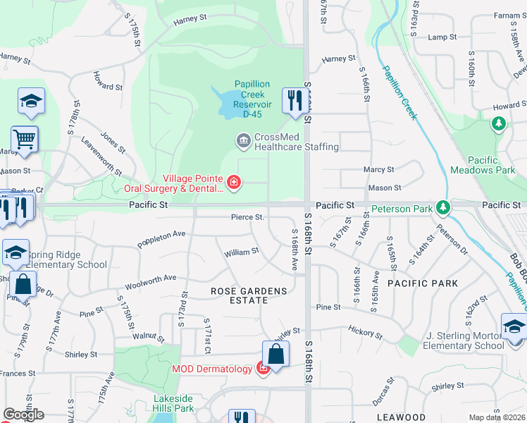 map of restaurants, bars, coffee shops, grocery stores, and more near 16909 Pacific Street in Omaha