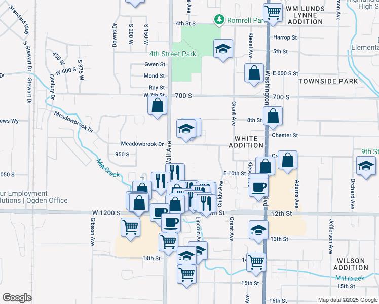 map of restaurants, bars, coffee shops, grocery stores, and more near 166 9th Street in Ogden