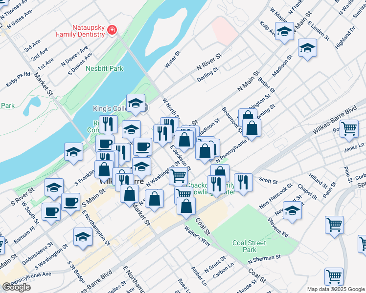 map of restaurants, bars, coffee shops, grocery stores, and more near in Wilkes-Barre