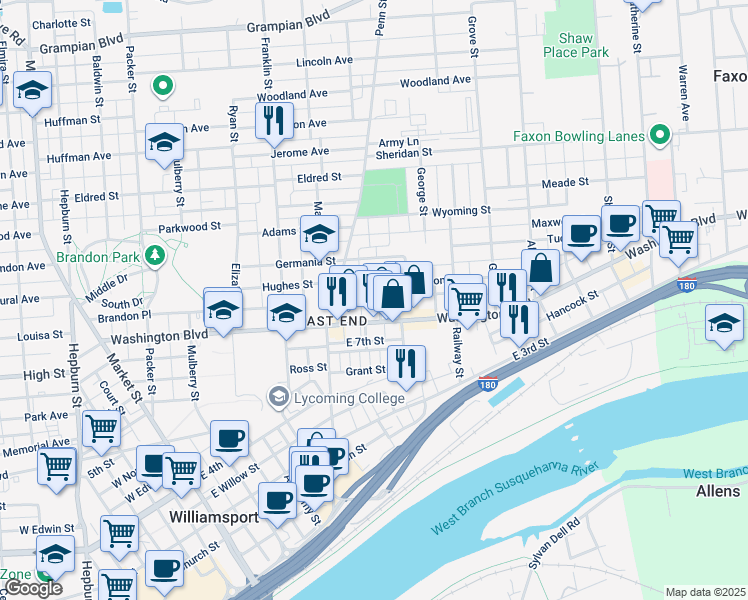 map of restaurants, bars, coffee shops, grocery stores, and more near 452 Wilson Street in Williamsport