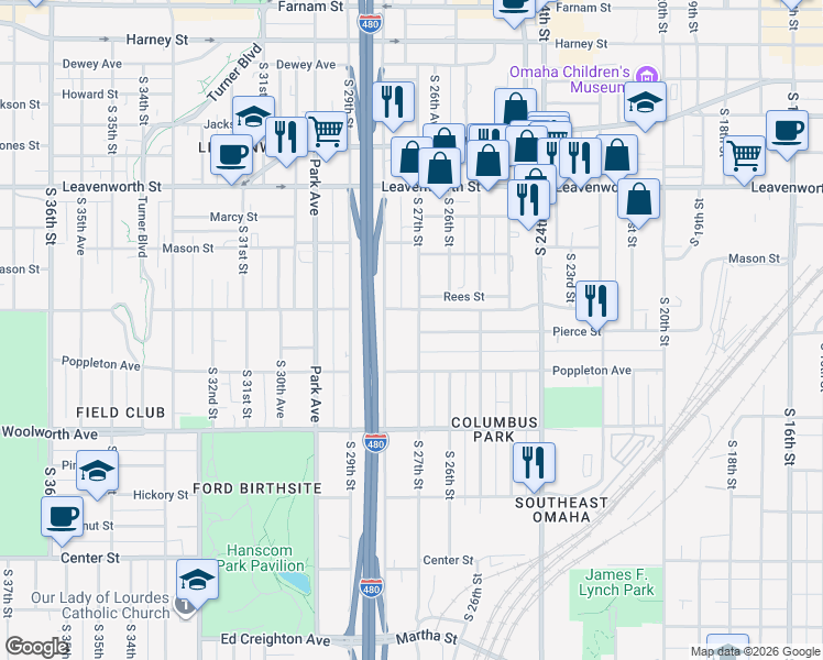 map of restaurants, bars, coffee shops, grocery stores, and more near 1112 South 27th Street in Omaha