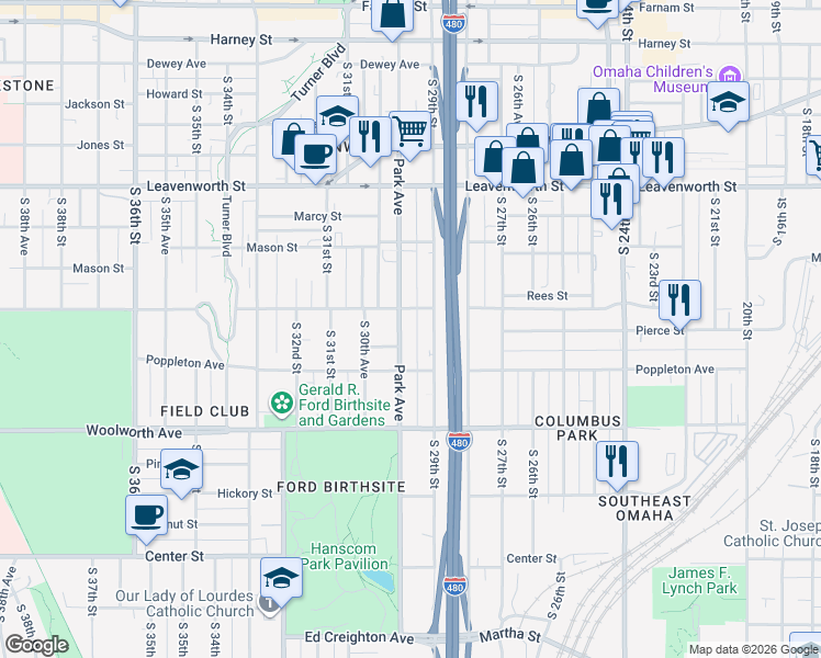 map of restaurants, bars, coffee shops, grocery stores, and more near 1106 South 29th Street in Omaha