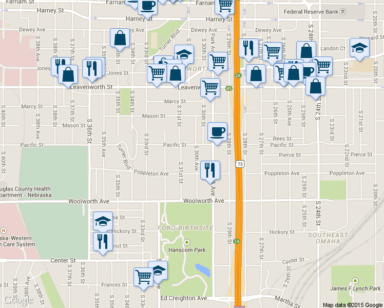 map of restaurants, bars, coffee shops, grocery stores, and more near 3015 Pacific Street in Omaha