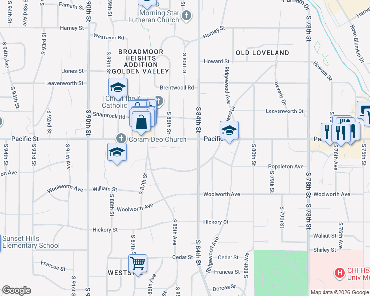 map of restaurants, bars, coffee shops, grocery stores, and more near 1104 South 84th Street in Omaha