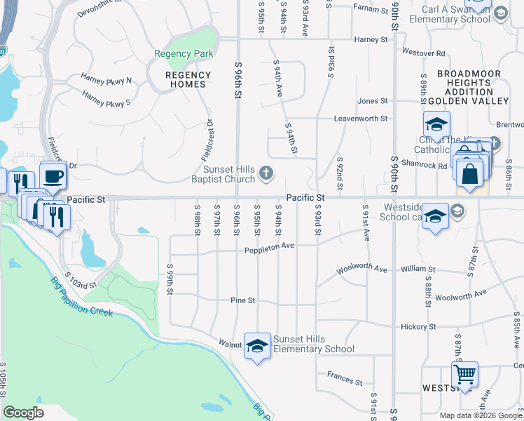 map of restaurants, bars, coffee shops, grocery stores, and more near 1106 South 94th Street in Omaha