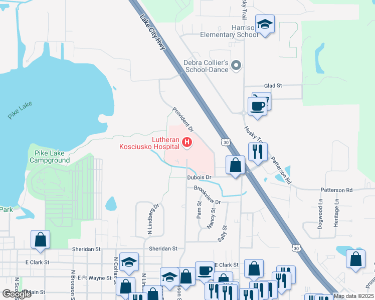 map of restaurants, bars, coffee shops, grocery stores, and more near 2101 Dubois Drive in Warsaw