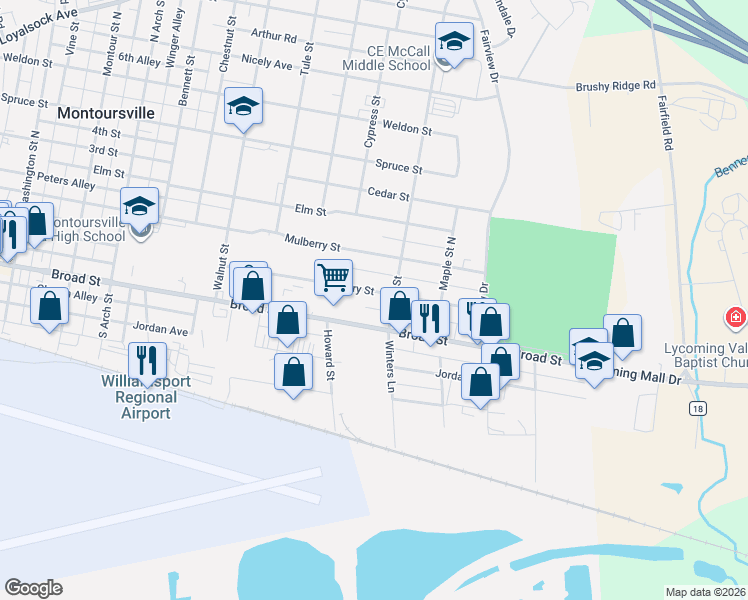 map of restaurants, bars, coffee shops, grocery stores, and more near 914-1098 Cherry Street in Montoursville