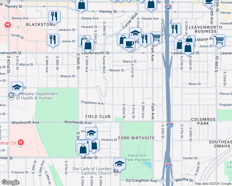 map of restaurants, bars, coffee shops, grocery stores, and more near 3221 Pacific Street in Omaha
