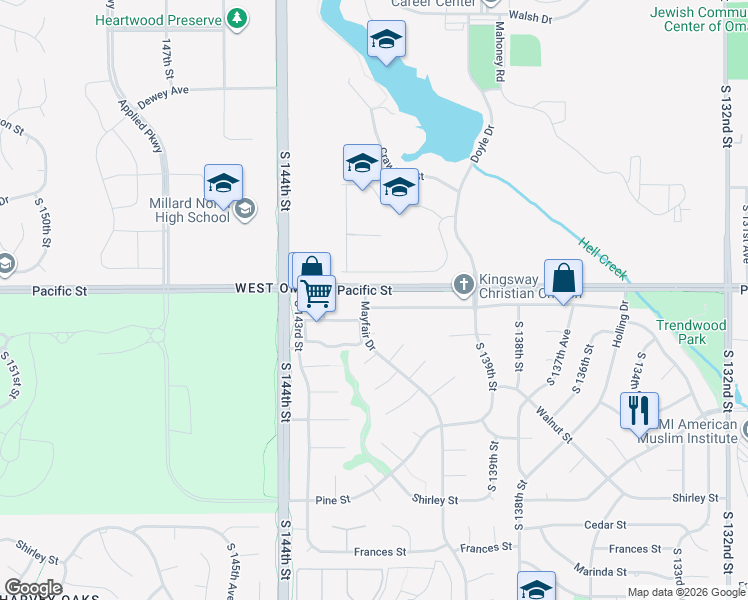 map of restaurants, bars, coffee shops, grocery stores, and more near 14092 Boys Town Hospital Road in Boys Town
