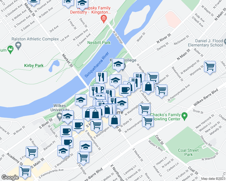 map of restaurants, bars, coffee shops, grocery stores, and more near 57 North Franklin Street in Wilkes-Barre