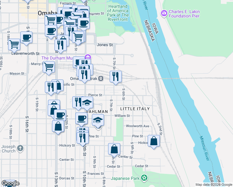 map of restaurants, bars, coffee shops, grocery stores, and more near 1115 South 7th Street in Omaha