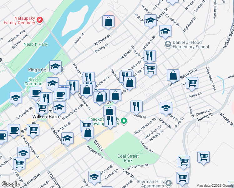 map of restaurants, bars, coffee shops, grocery stores, and more near 27 Wyoming Street in Wilkes-Barre