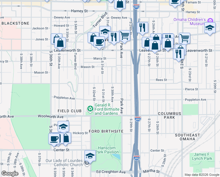 map of restaurants, bars, coffee shops, grocery stores, and more near 3015 Pacific Street in Omaha