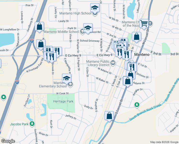 map of restaurants, bars, coffee shops, grocery stores, and more near 156 South Elm Street in Manteno