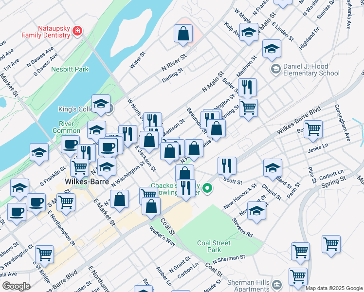 map of restaurants, bars, coffee shops, grocery stores, and more near 34 Wyoming Street in Wilkes-Barre