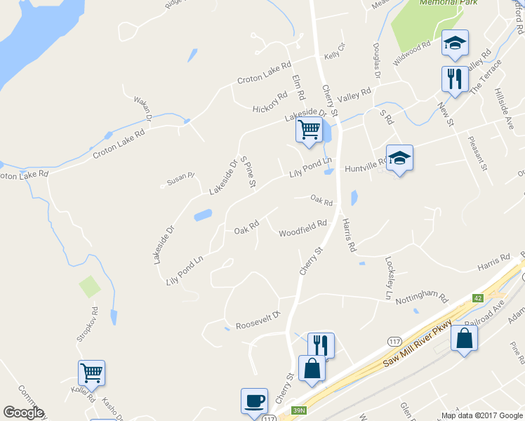 map of restaurants, bars, coffee shops, grocery stores, and more near 53 Oak Road in Katonah