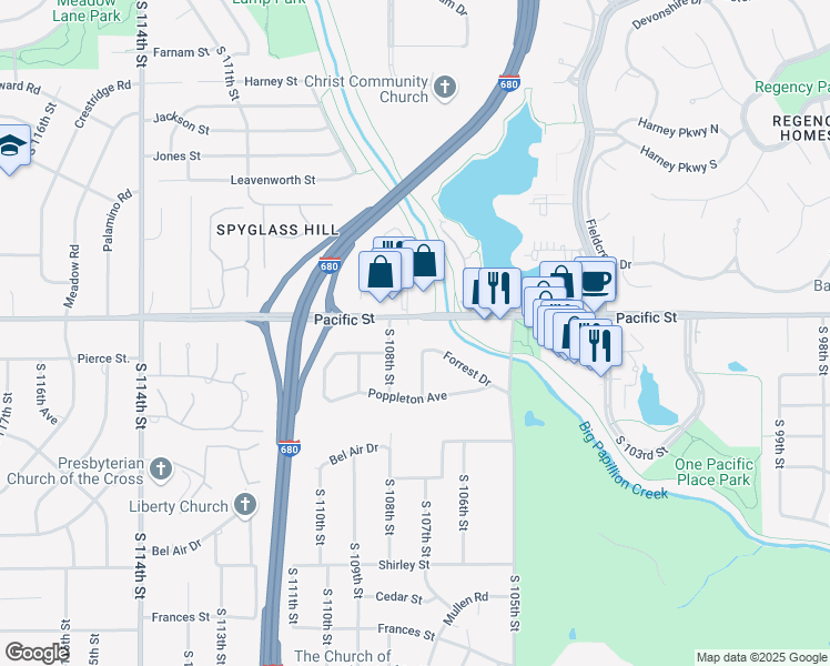 map of restaurants, bars, coffee shops, grocery stores, and more near 10707 Pacific Street in Omaha