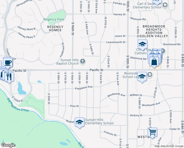 map of restaurants, bars, coffee shops, grocery stores, and more near 1107 South 93rd Avenue in Omaha