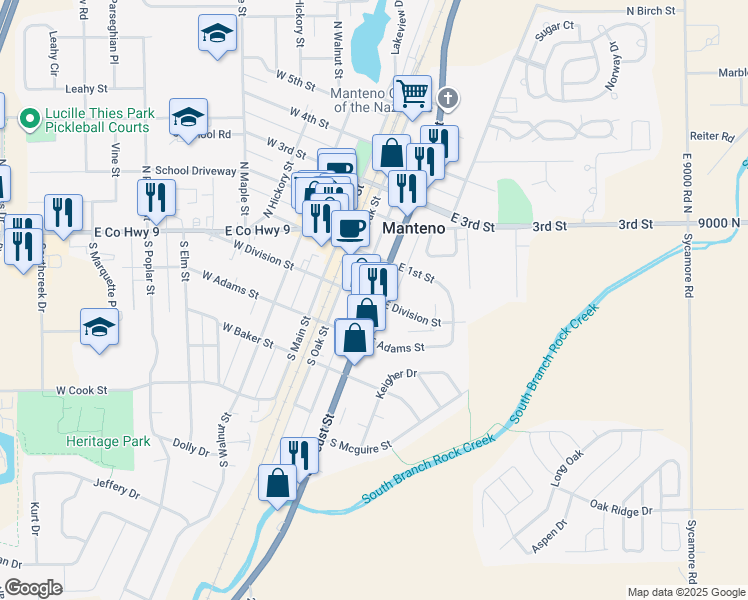 map of restaurants, bars, coffee shops, grocery stores, and more near 24 North Locust Street in Manteno
