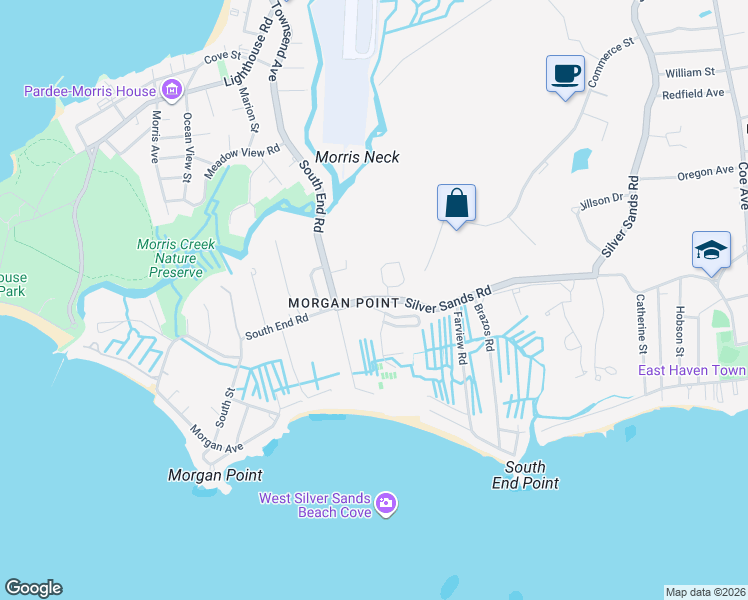map of restaurants, bars, coffee shops, grocery stores, and more near Silver Sands Road & Roses Farm Road in East Haven