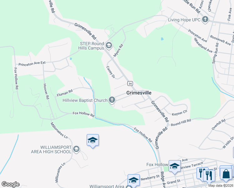 map of restaurants, bars, coffee shops, grocery stores, and more near 2-98 Hillview Ave in Williamsport