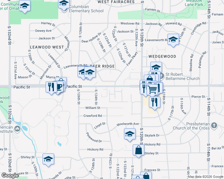 map of restaurants, bars, coffee shops, grocery stores, and more near 1106 Fawn Parkway Plaza in Omaha