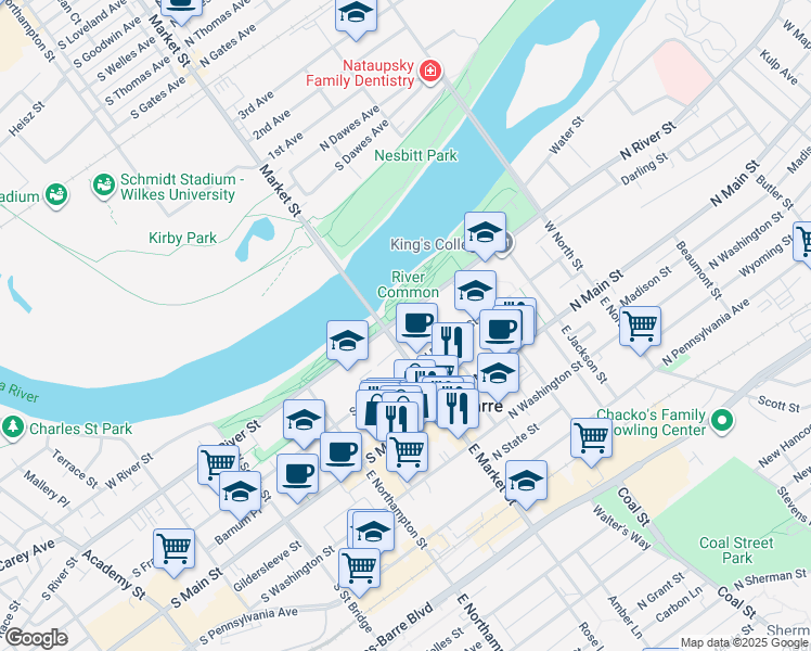 map of restaurants, bars, coffee shops, grocery stores, and more near 2-98 N River St in Wilkes-Barre