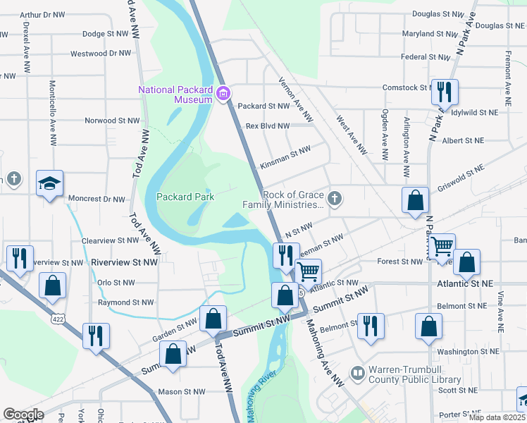 map of restaurants, bars, coffee shops, grocery stores, and more near 1381 Ohio 45 in Warren