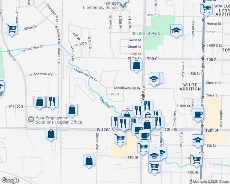map of restaurants, bars, coffee shops, grocery stores, and more near 263 Meadowbrook Drive in Ogden