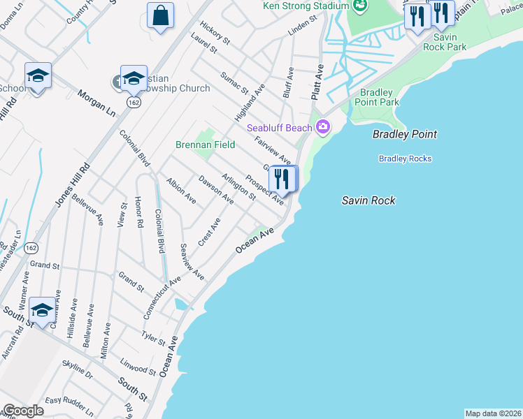 map of restaurants, bars, coffee shops, grocery stores, and more near 60 Arlington Street in West Haven