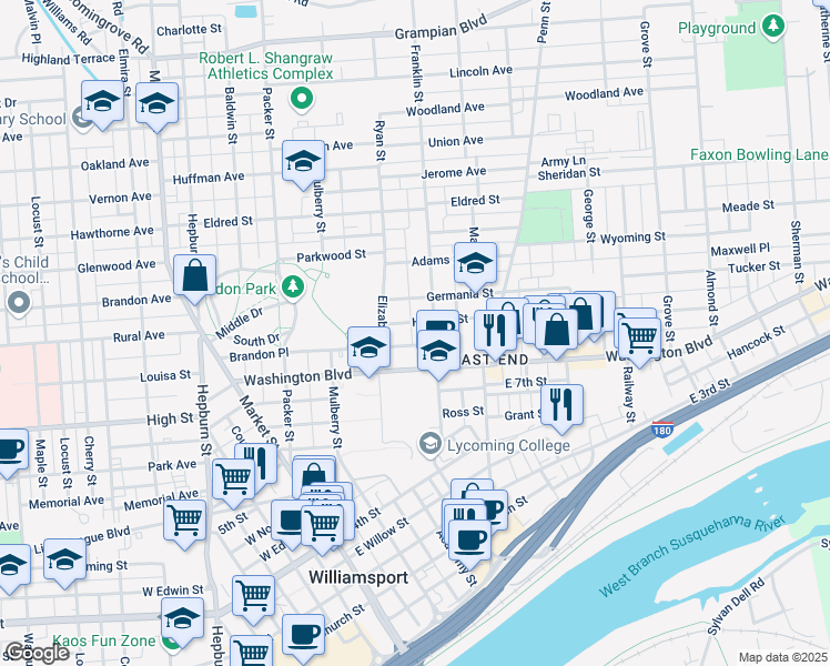 map of restaurants, bars, coffee shops, grocery stores, and more near 200-232 Hughes Street in Williamsport