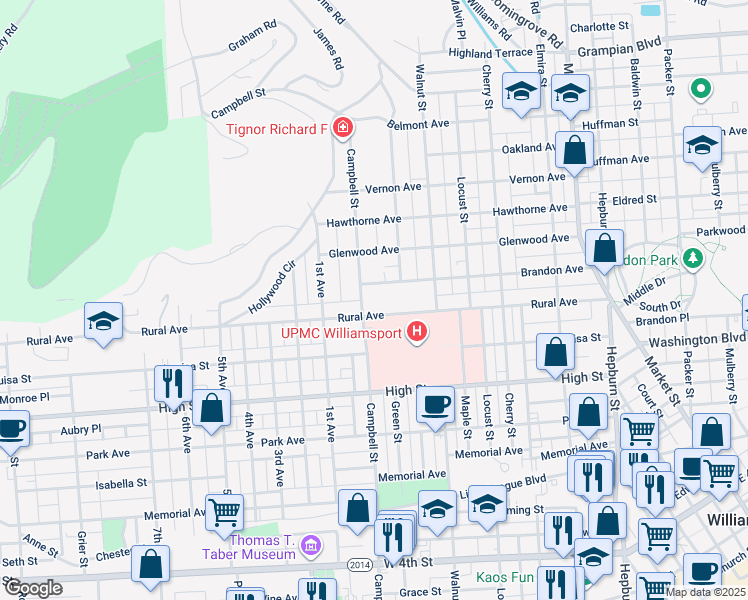 map of restaurants, bars, coffee shops, grocery stores, and more near 904 Campbell Street in Williamsport