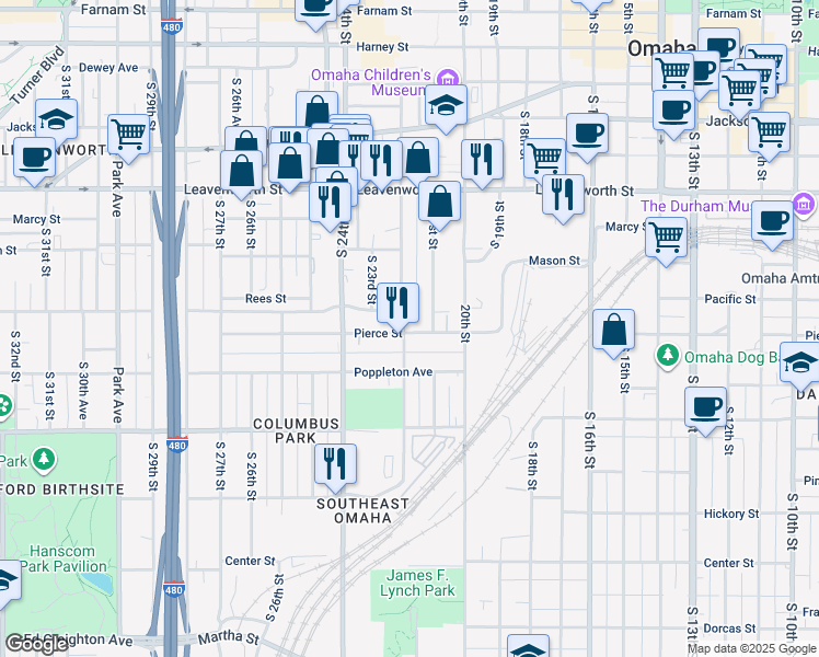 map of restaurants, bars, coffee shops, grocery stores, and more near 1109 South 22nd Street in Omaha