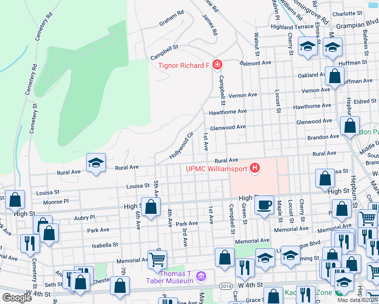 map of restaurants, bars, coffee shops, grocery stores, and more near 913 2nd Avenue in Williamsport