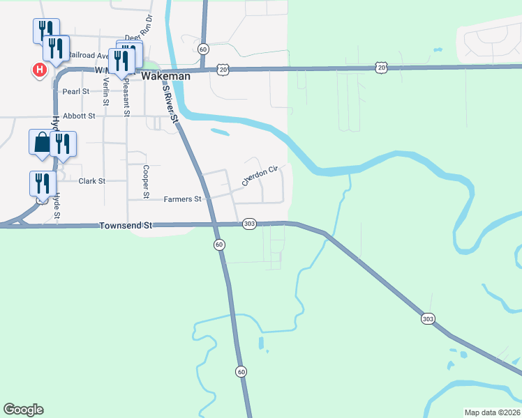 map of restaurants, bars, coffee shops, grocery stores, and more near 47 Cherdon Circle in Wakeman