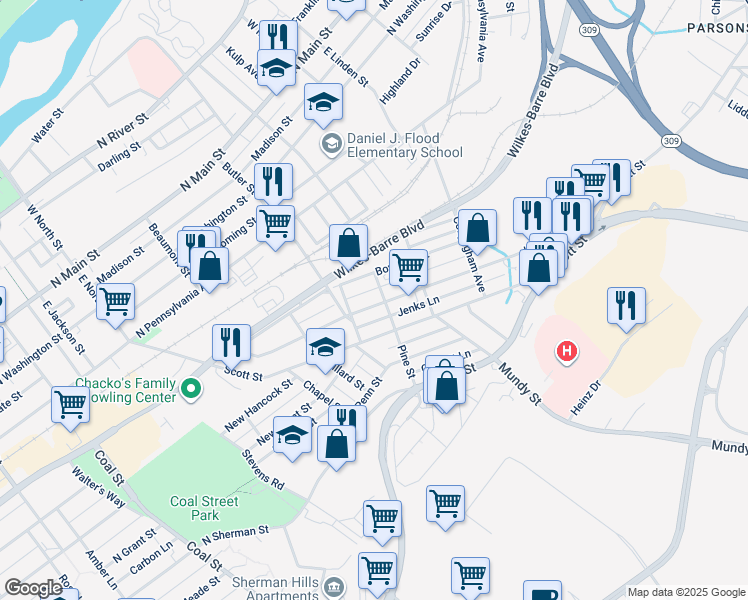 map of restaurants, bars, coffee shops, grocery stores, and more near 182 Kidder Street in Wilkes-Barre