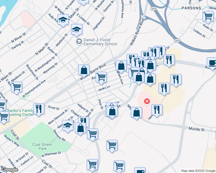 map of restaurants, bars, coffee shops, grocery stores, and more near 283 Kidder Street in Wilkes-Barre