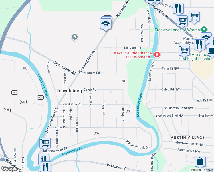 map of restaurants, bars, coffee shops, grocery stores, and more near 612 Briggs Road in Leavittsburg