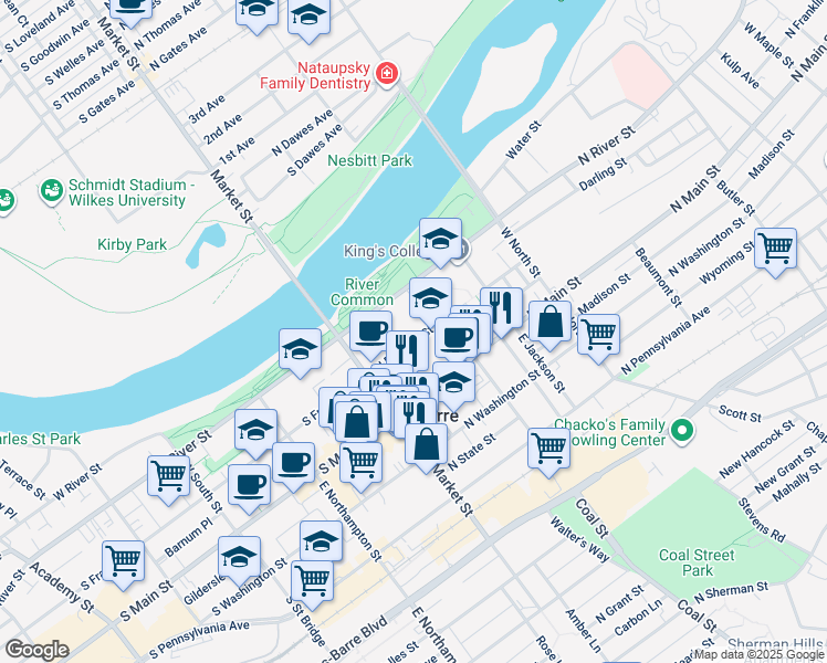 map of restaurants, bars, coffee shops, grocery stores, and more near 64 North Franklin Street in Wilkes-Barre